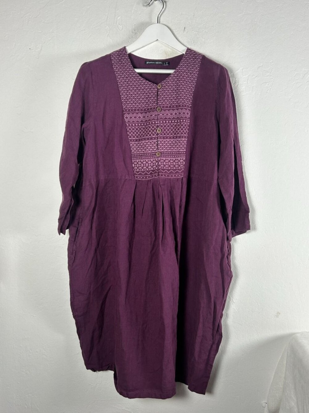 Gudrun Sjödén Womens Korinth Linen Embroidered Pintuck Tunic Dress Large Boho